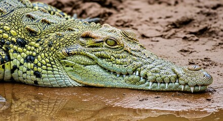 Fototapeta premium Common Crocodile Submerged in Muddy Waters Showing Sharp Teeth Natural Habitat