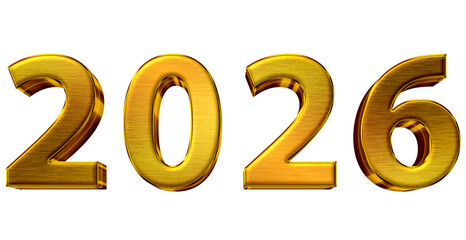Golden 2026 text isolated on transparent background. Shiny metallic gold number design with reflective surface, smooth highlights, and realistic 3D light effect perfect for New Year celebration, anniv