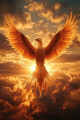 Majestic phoenix rises from fiery sunset clouds