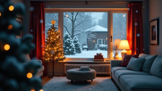 Christmas decorations and furniture in a cozy living room