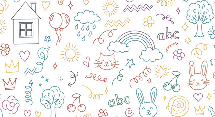 Colorful Hand Drawn House, Balloons, Rainbow, Cat, Rabbit Doodle on White Background