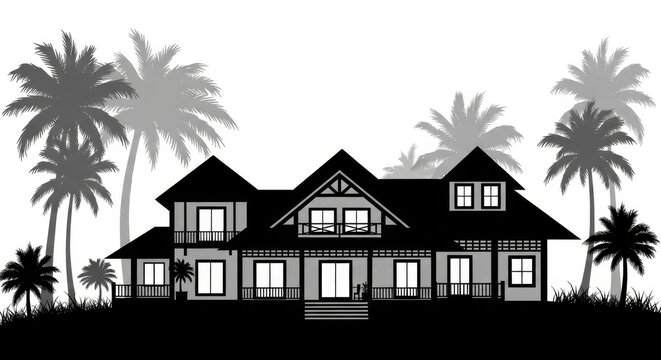 Silhouette of an elegant tropical house with palm trees creating a serene paradise scene