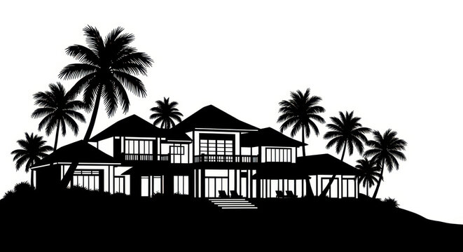 Majestic tropical villa silhouette amid verdant palm trees creating a serene escape graphic