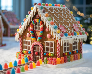Elaborately decorated gingerbread house with gummy bear and candy accents