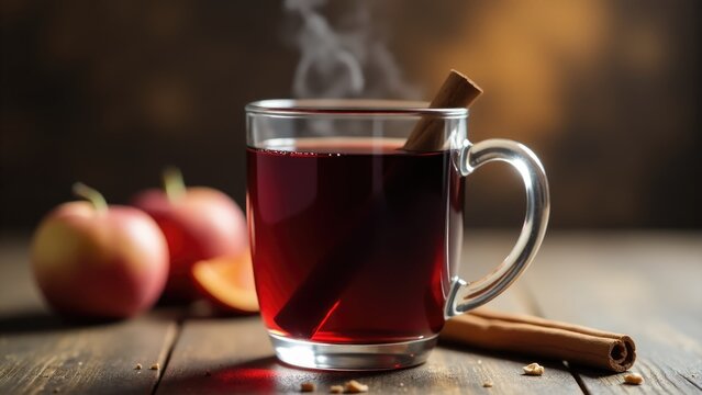 A warm beverage with a cinnamon stick and fresh apples in the background, perfect for a cozy moment - Powered by Adobe