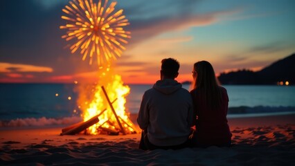 A couple enjoying each other's company near a warm bonfire on a sandy beach, perfect for a romantic getaway or outdoor gathering