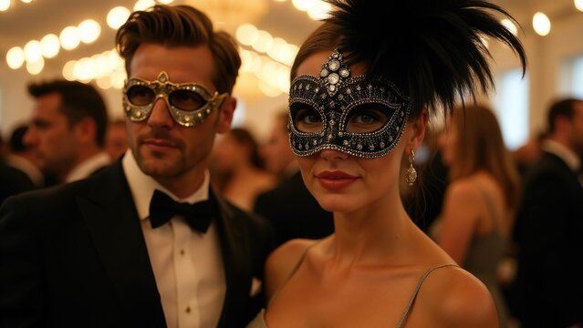 Formal evening scene with a man wearing a tuxedo and a masked woman