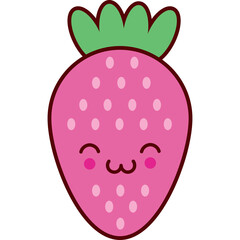 Cute Pink Strawberry Character With Green Stem And Happy Face Isolated On Transparent Background