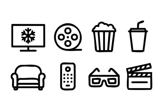 A cozy setup for a movie night features a television, popcorn, drinks, and comfortable seating. Essentials for an enjoyable evening include a remote and 3D glasses.