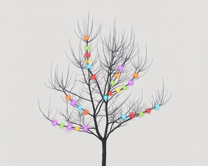 Bare tree adorned with colorful LED string lights