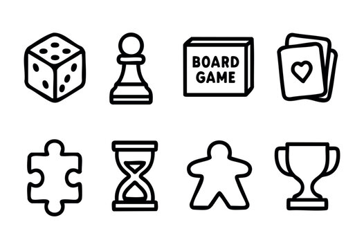 Various board game components are displayed, featuring dice, a pawn, playing cards, and more. This showcases the fun of tabletop gaming and strategic play with friends or family.