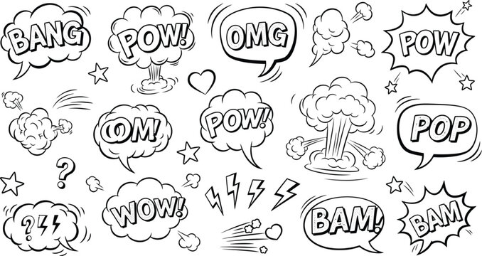 Comic Speech Bubbles with Bang, Pow, OMG, Pop, Wow Words in Black and White Style