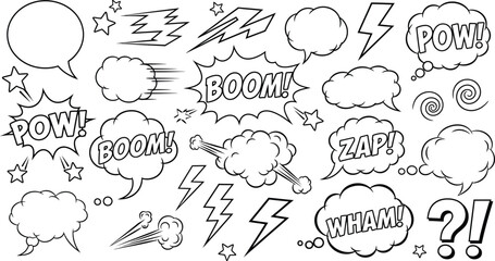 Comic Speech Bubbles with Boom Pow Zap Wham Text, Cartoon Elements on Transparent Background