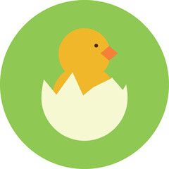 Cute Yellow Chick Hatching From Cracked White Eggshell Inside Green Circle Against Transparent Background Flat Design