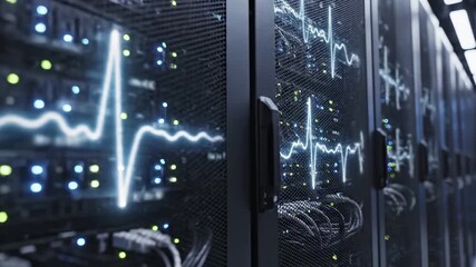 Server rack cabinet displays glowing white waveform analytics overlay with blue and green led indicator lights in datacenter facility. Network infrastructure monitoring visualizes performance metrics - Powered by Adobe