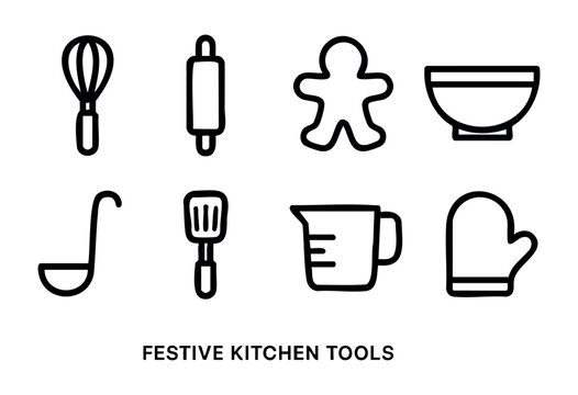 A collection of simple line drawings showcases essential kitchen tools like a whisk, rolling pin, and measuring cup. These items are perfect for preparing festive recipes during holiday celebrations.