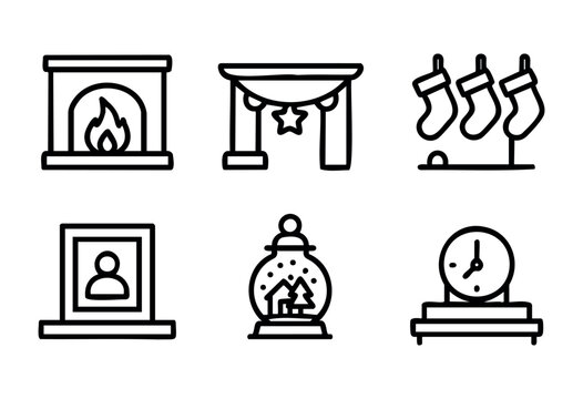 Twinkling lights adorn a warm fireplace with hanging stockings. A picture frame, a clock, and a snow globe complete the cheerful holiday atmosphere, inviting warmth and joy.