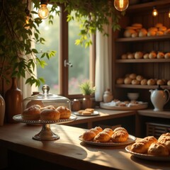 Naklejka premium Cozy bakery interior with fresh pastries and warm sunlight streaming through the window
