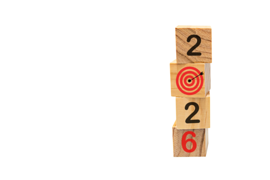 Countdown to 2026 year with target board and arrows on stacked wooden cubes for new year change preparation and start new business goal strategy concept.
