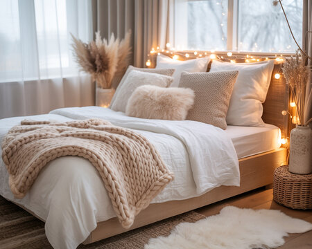 Warm and Inviting Bedroom with Neutral Tones and Fairy Lights