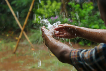 hands with splashes of falling rain