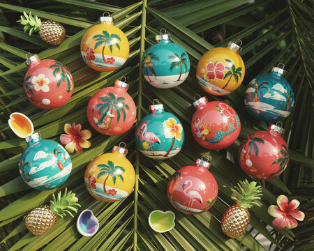 Assortment of Tropical Christmas Ornaments on Palm Leaves