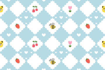 Preppy teddy bear lace geometric seamless pattern in rhombus with hearts. Vector cute cartoon hand drawn vintage illustration. Ideal for textile printing, baby clothes, wallpaper, packaging, scrubbing