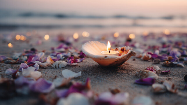 Candle in seashell surrounded by petals on Rio beach at sunset. Offering to Iemanj&aacute;.