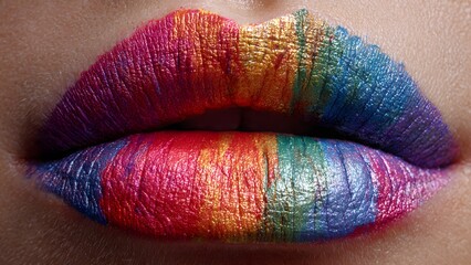 Close-up of lips painted with rainbow colors, celebrating LGBTQ+ pride and diversity.