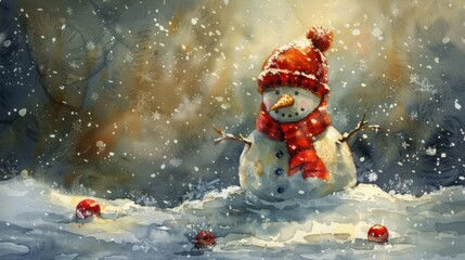 Watercolor painting of a snowman with a red hat on a snowy background