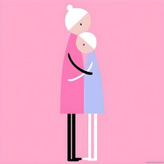 Illustration of two people embracing, fragile thin stroke, subtle pink and beige tones, clear emotional tenderness, minimalist composition on white background, professional smooth vector finish.