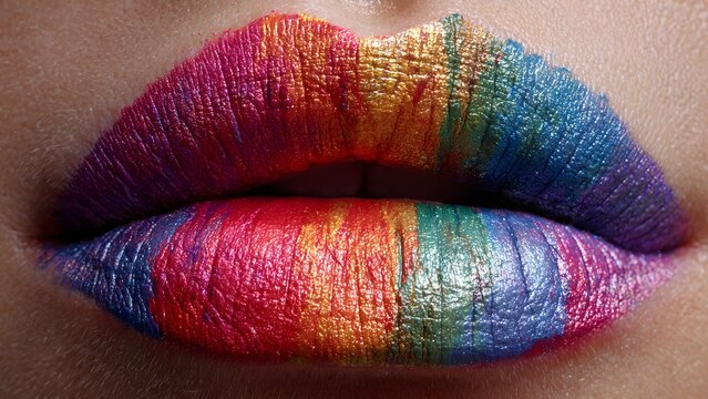 Close-up of lips painted with rainbow colors, celebrating LGBTQ+ pride and diversity. - Powered by Adobe