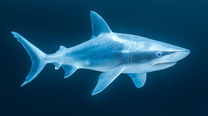 Obraz premium Futuristic shark, metallic scale, swimming, ocean, blue background, digital art, sleek