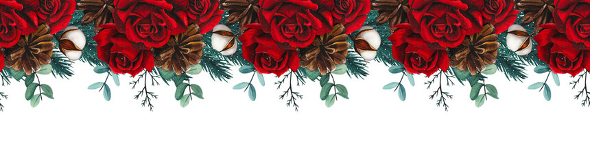 Hand drawn seamless border with fir branches, red roses, cotton, fir cones. Watercolor illustration.