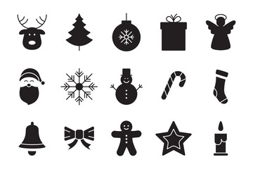 Set of solid Christmas icons featuring reindeer, gift, snowflake, snowman, tree, and bell in bold flat style.