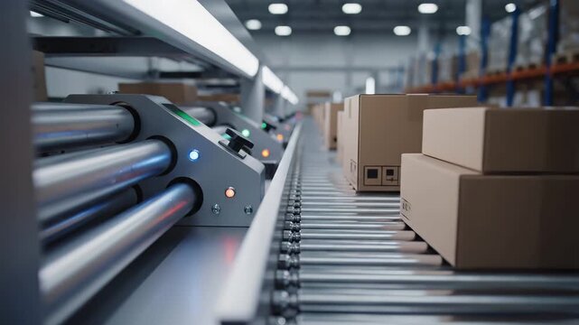 Automated conveyor belt system transports cardboard packages in warehouse distribution center. Industrial logistics facility with roller machinery for shipping, fulfillment operations, supply chain
