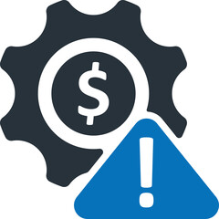 Dark Blue Cogwheel with Dollar Sign and Blue Warning Triangle Exclamation Mark Financial Risk Alert Icon Transparent Background