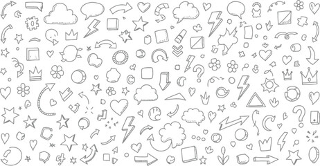 Doodle Line Art Pattern Background with Arrow Shapes, Lightning, and Star Elements