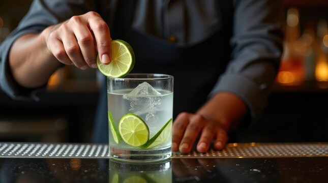 Bartender garnishing a refreshing gin and tonic cocktail with lime slices