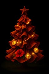 Red and golden Christmas trees with ribbons and festive decorations for holiday celebration