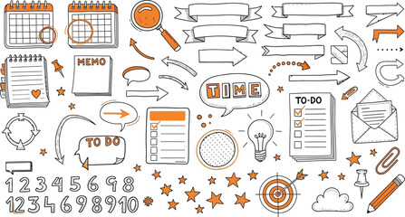 Doodle Office Supplies Calendar, Magnifying Glass, Arrows,Ribbons, ToDo List, Numbers