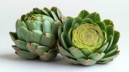 Obraz premium Whole and Halved Fresh Artichokes on White Background