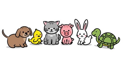 Naklejka premium Cute Cartoon Domestic Animals Group Illustration with Dog, Chick, Cat, Pig, Rabbit, Turtle