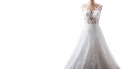 Elegant Lace Wedding Dress on Mannequin with Floral Detailing