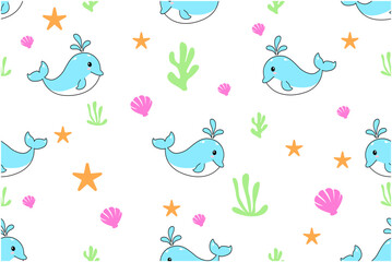 Children's set of poster and seamless pattern with cute whales. Perfect for kids bedding, fabric, wallpaper, wrapping paper, textile, t-shirt print.