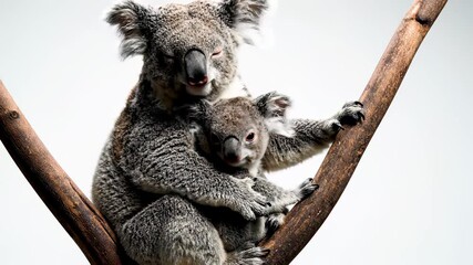 Koala mother tenderly cradles her baby on a sturdy tree branch, embracing them in a loving gaze, capturing the heartwarming concept of maternal love and nurturing, conveying unconditional care.