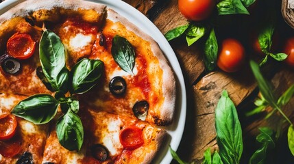 A freshly baked pizza topped with tomatoes, olives, and basil leaves.