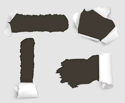Torn paper holes with rolls on damaged edges. Vector realistic set of abstract banner sheet broken texture, scratched curls frame for promo sale or secret reveal, uneven rough border for poster design