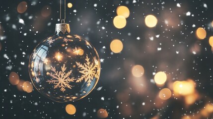 A close-up of a glass Christmas ornament with snowflake designs
