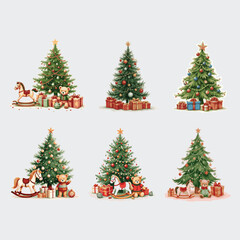 Christmas tree vector illustration with gifts, stars, balls, and snow for a merry holiday celebration
